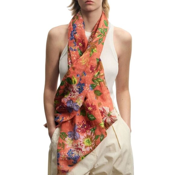 Épice Paris Sustainable Cotton Stole Pink Coral Floral Fringe Size 71"x26" - Picture 2 of 5